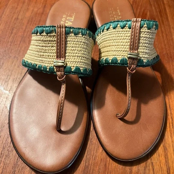 Italian Shoemakers Brown and Tan Sandals with Decorative Fabric Band - Picture 1 of 6